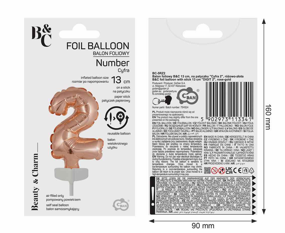 Foil balloon with stick 5" DIGIT 2, rose-gold